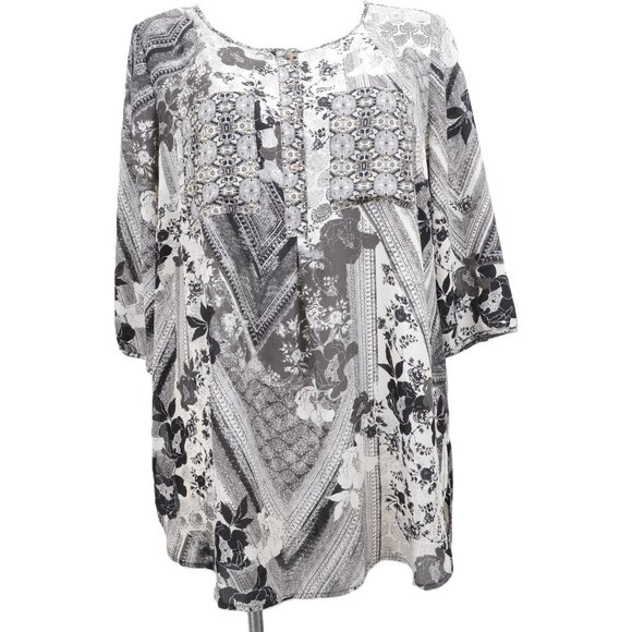 Fig and Flower PLUS 2X Flowy Artsy 3/4 Sleeve Tunic Top Blouse Boho Floral - Picture 1 of 6